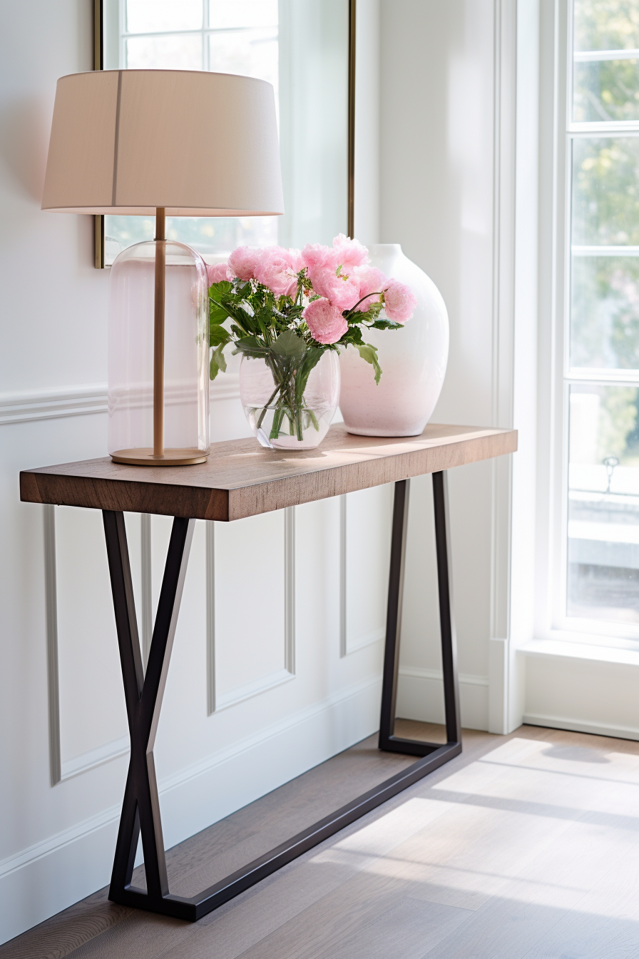 Modify Description: A console table with a vase of flowers and a lamp, perfect for decorating living rooms or filling awkward corners.