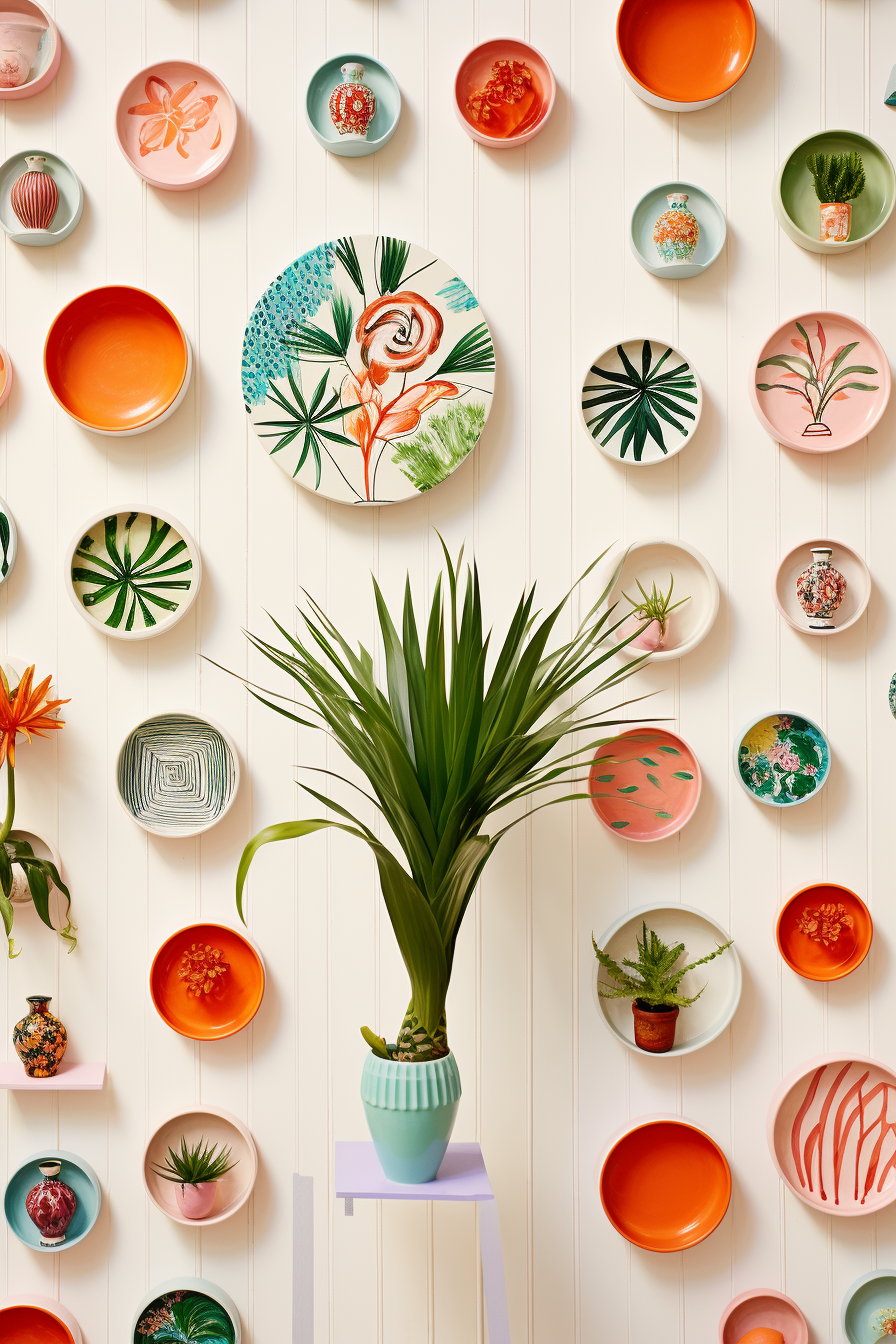 A vibrant display of colorful plates adorning a living room wall, complemented by a charming plant atop for decorating awkward corners.