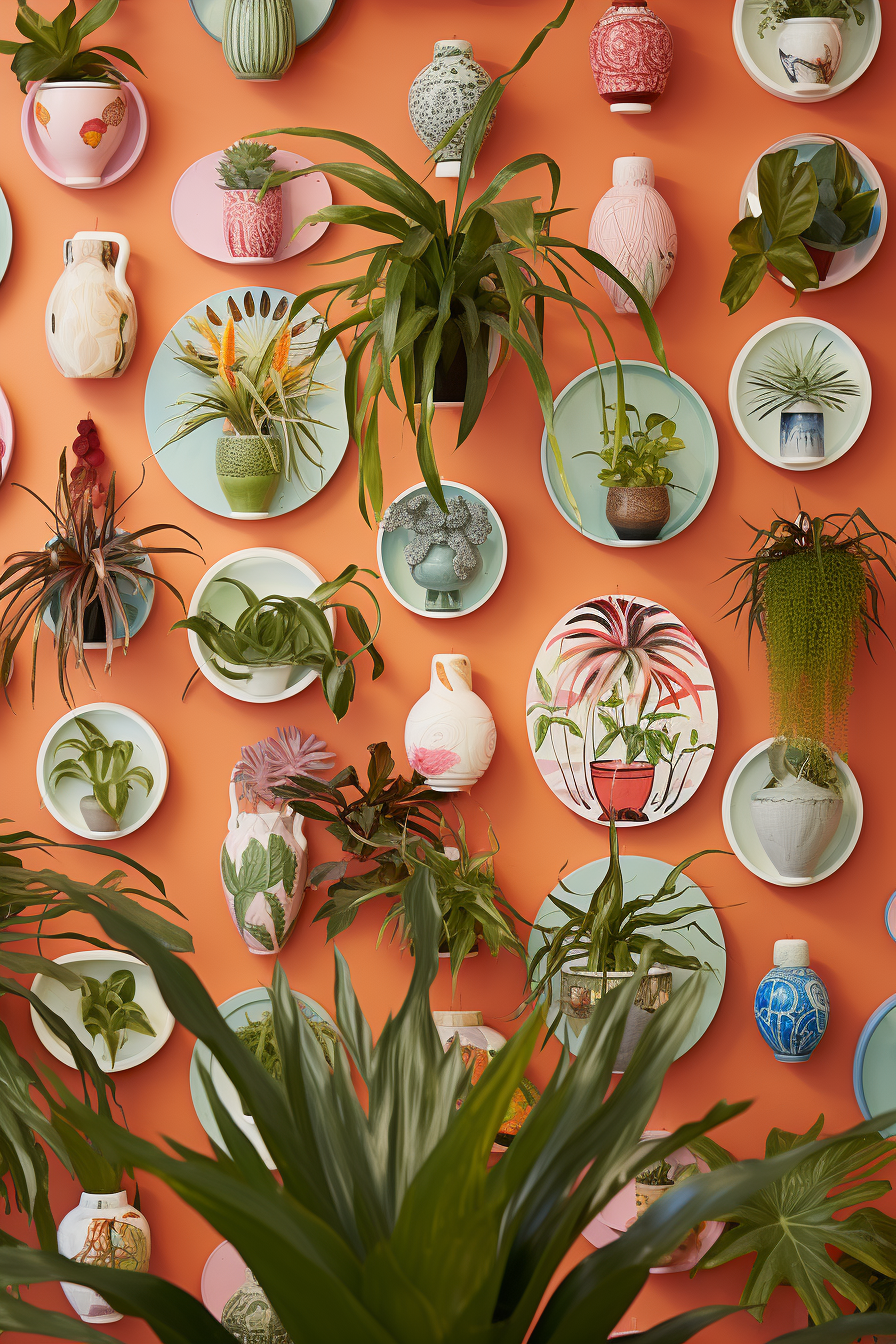 Transform your living rooms with a decorative wall of plates adorned with beautiful plants, perfectly placed in awkward corners to create a unique and captivating decorating element.