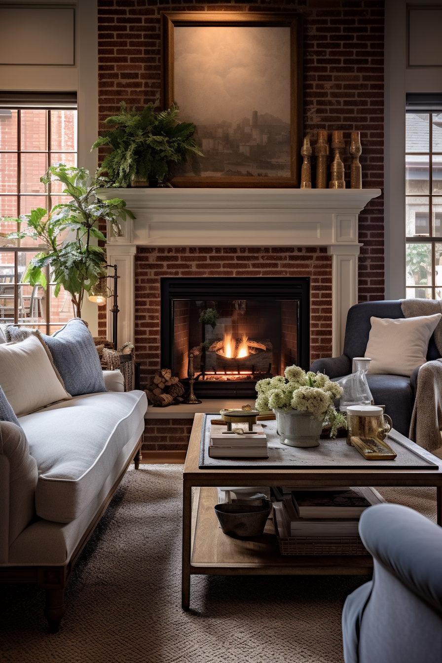 A living room with a brick fireplace and blue couches, perfect for decorating.