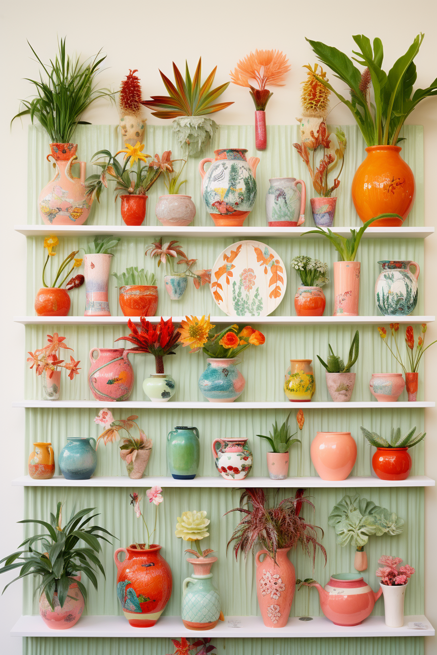 A decorating shelf with many pots and plants on it, perfect for sprucing up living rooms or filling awkward corners.