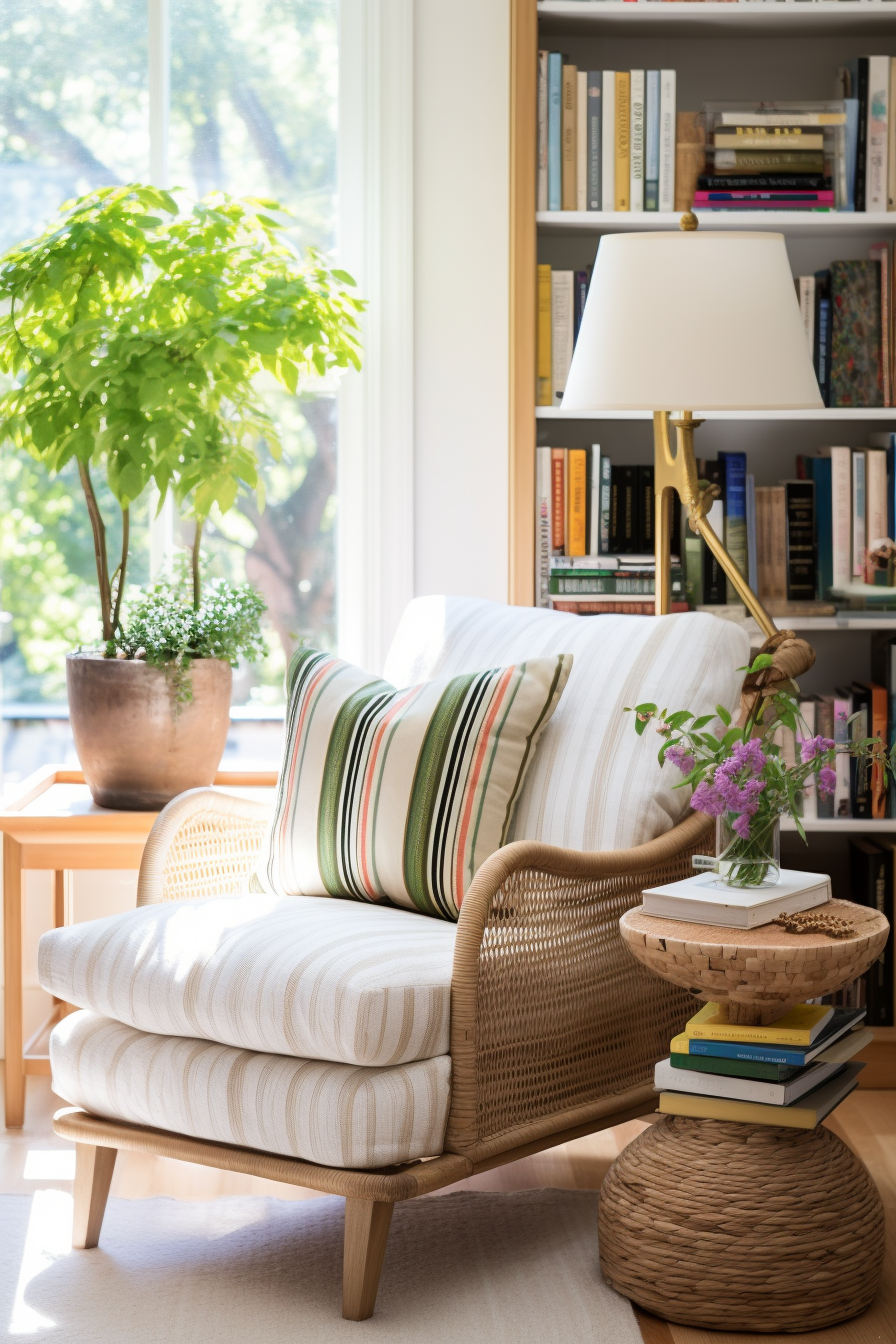 Decorating an awkward corner in your living room? Consider adding a striped chair in front of a bookcase for an eye-catching touch.