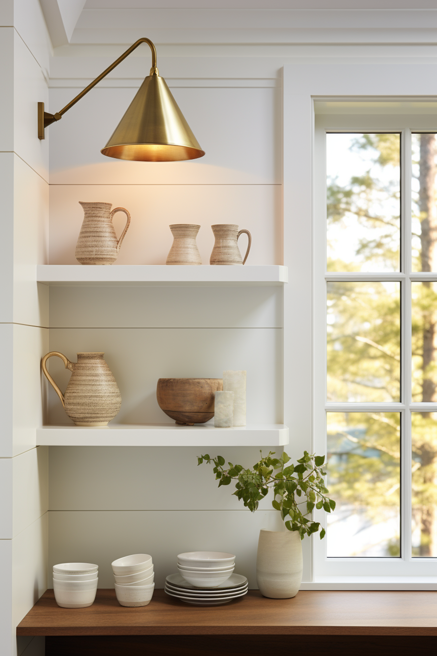 A kitchen with a window and shelves filled with pots and bowls, perfect for decorating.