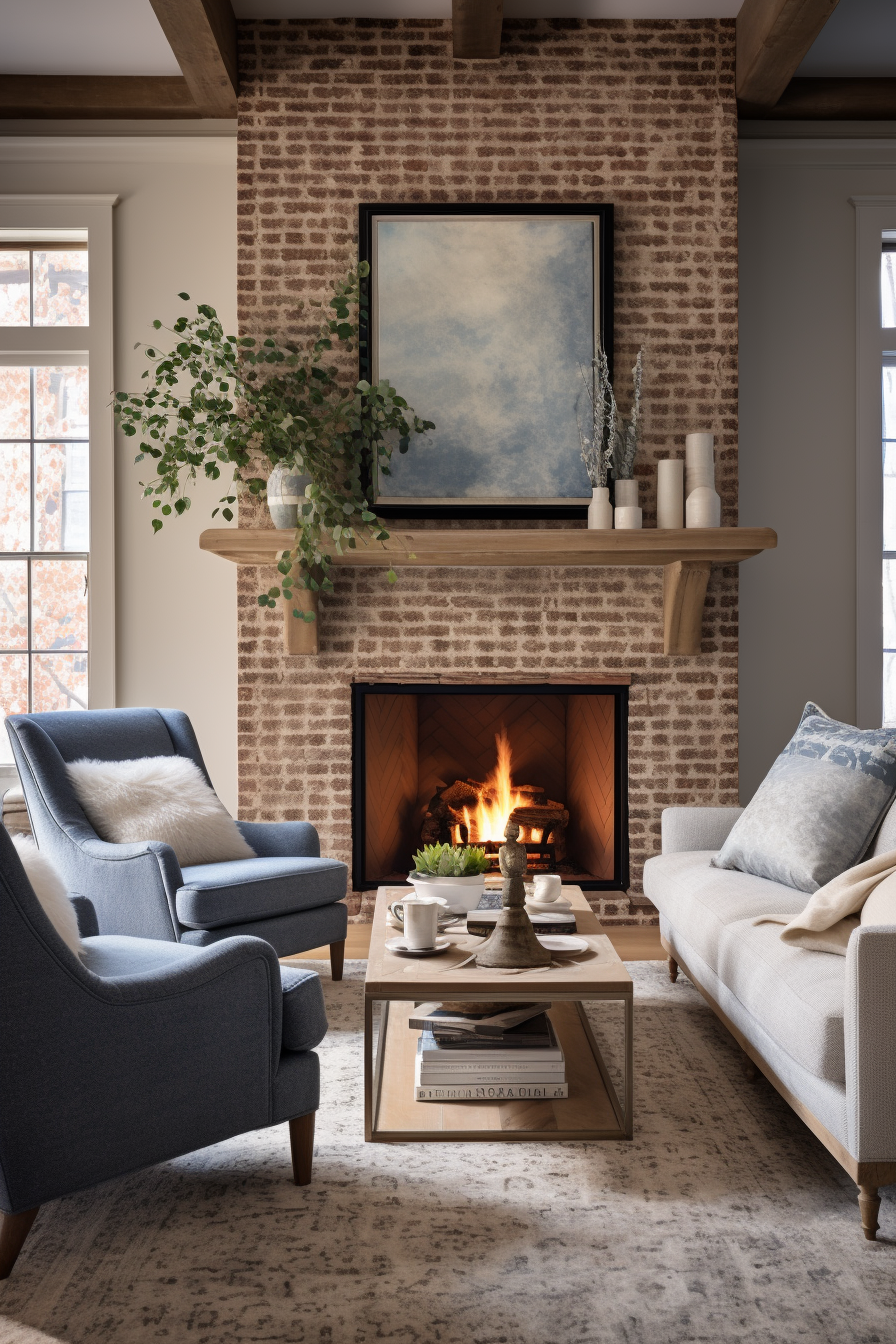 A stylish living room with a brick fireplace and cozy blue chairs.