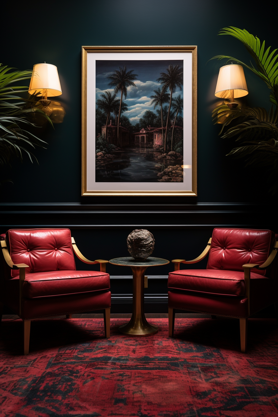 Two red chairs placed in front of a painting, perfect for decorating living rooms.