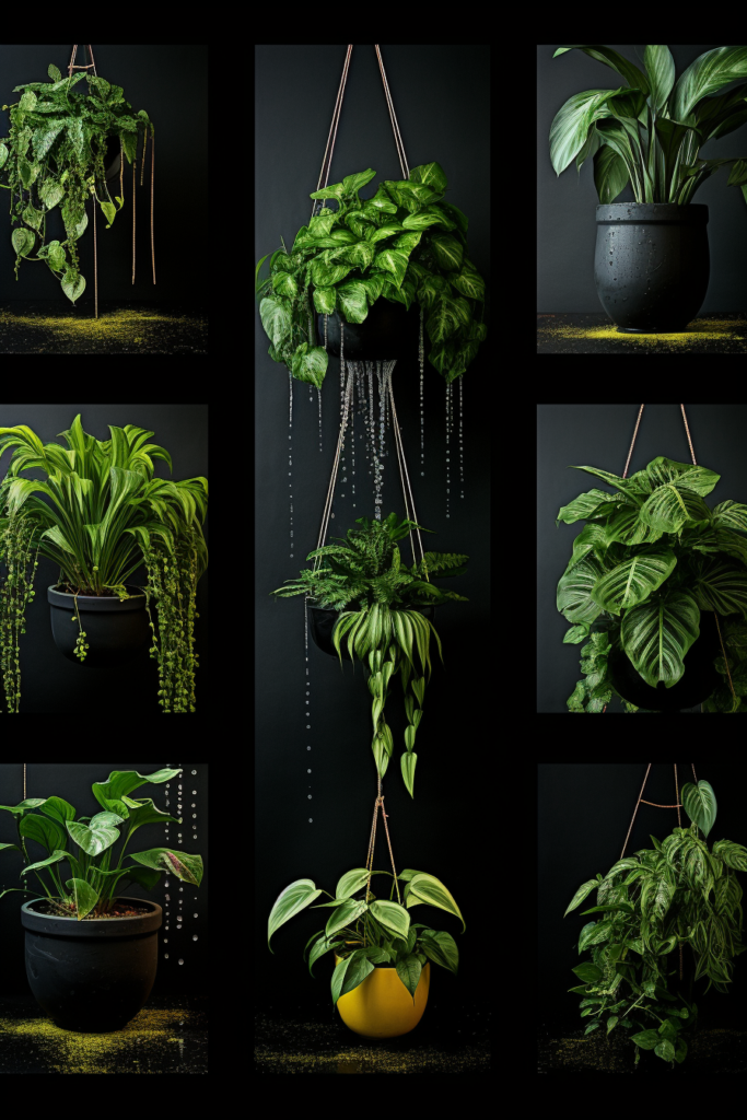 A collection of functional potted plants on a decorative black background.