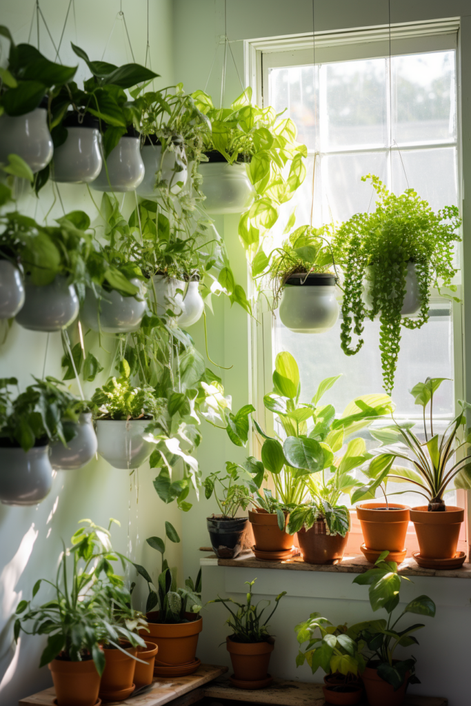 Functional hanging plants adorn a room with a window, adding both decorative and practical elements to the space.