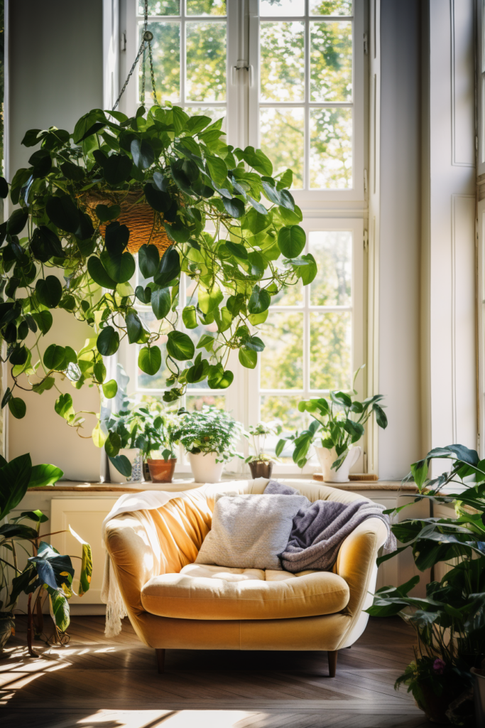 A functional living room with decorative plants and a yellow couch.