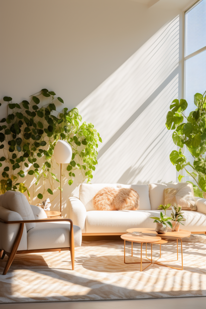 A living room with white furniture and decorative plants.