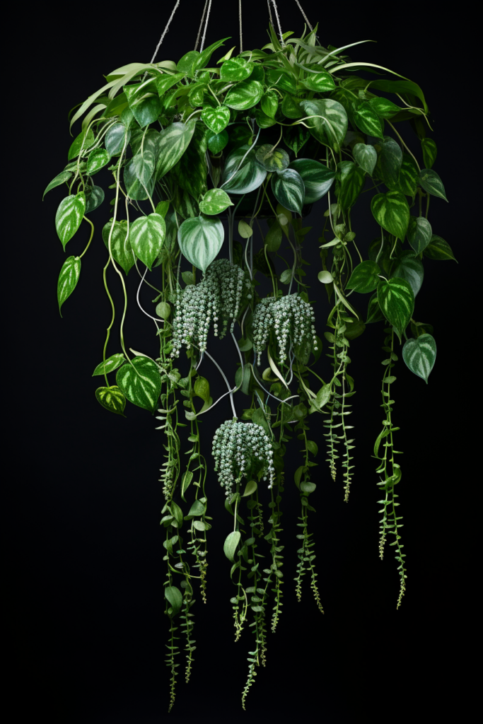 A decorative hanging plant with green leaves against a black background.