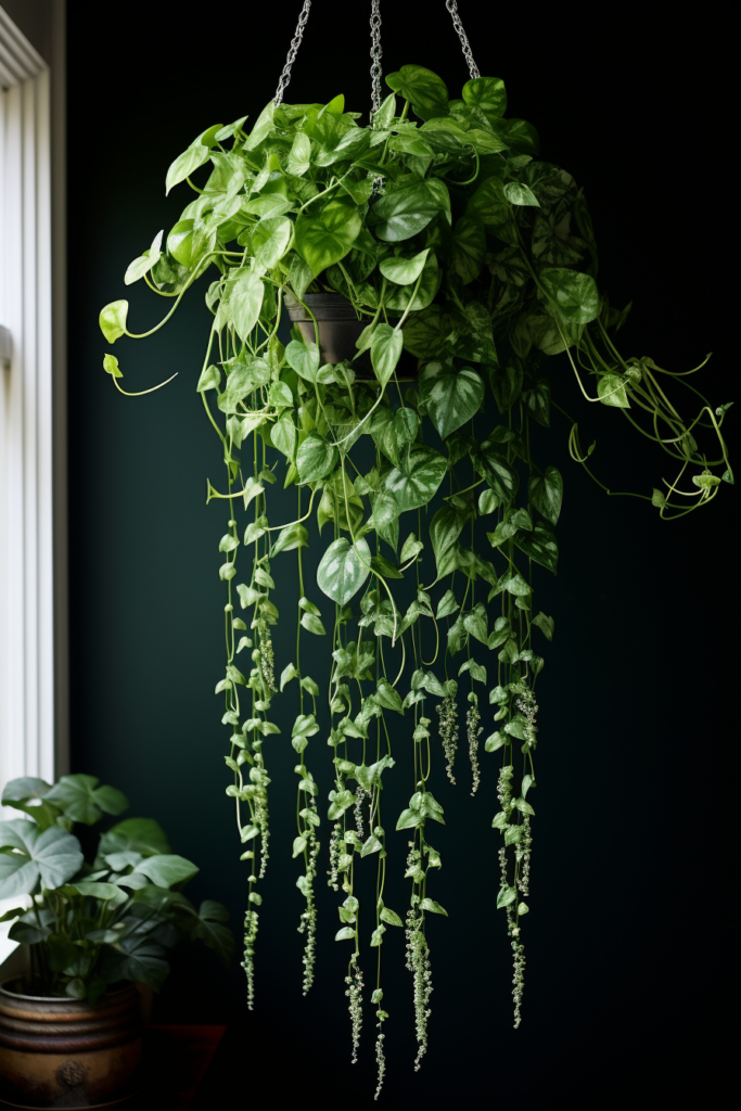 A functional hanging plant in a room with a window.