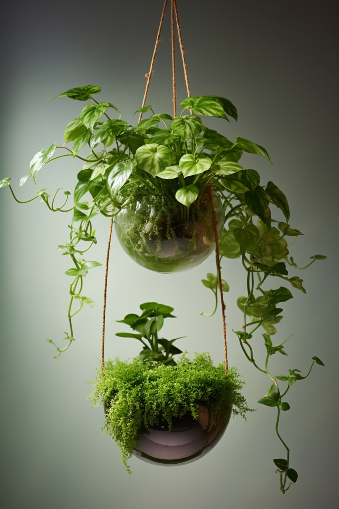 A decorative hanging planter with moss and ferns that is functional.