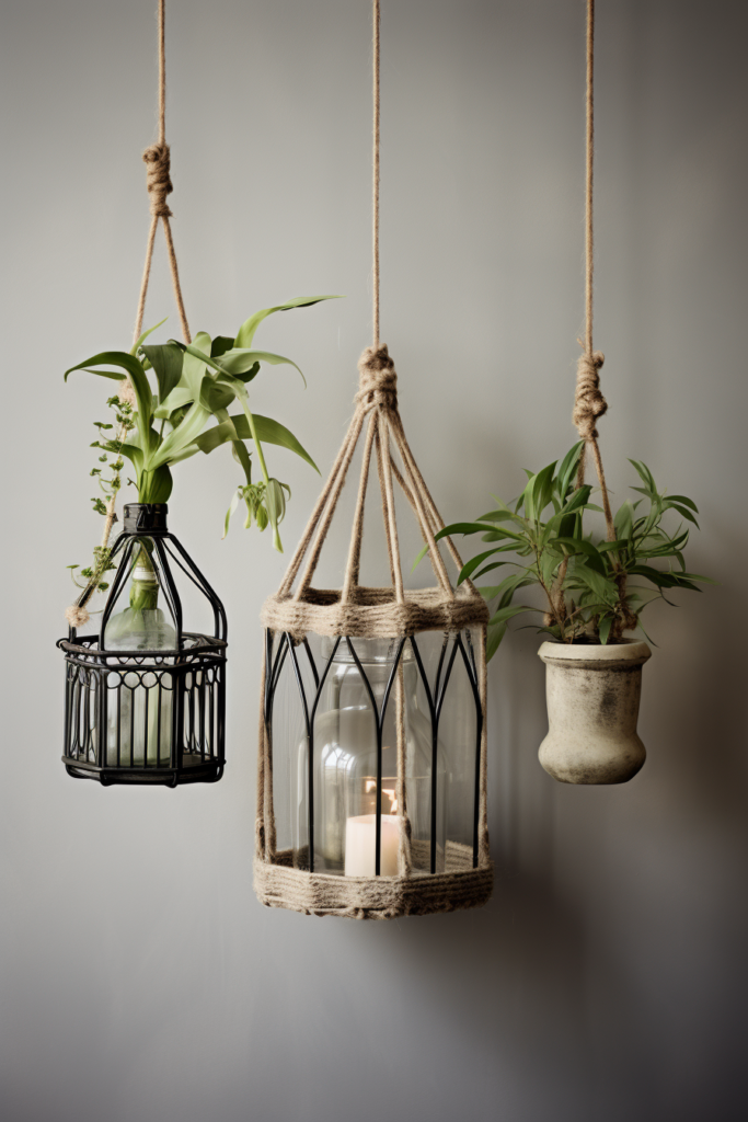 Three hanging lanterns adorned with decorative plants and a functional candle.