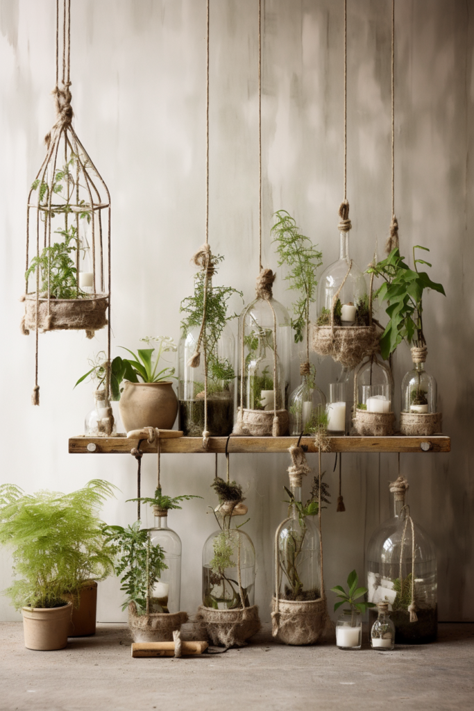 Decorative plants in glass jars on a wooden shelf.
