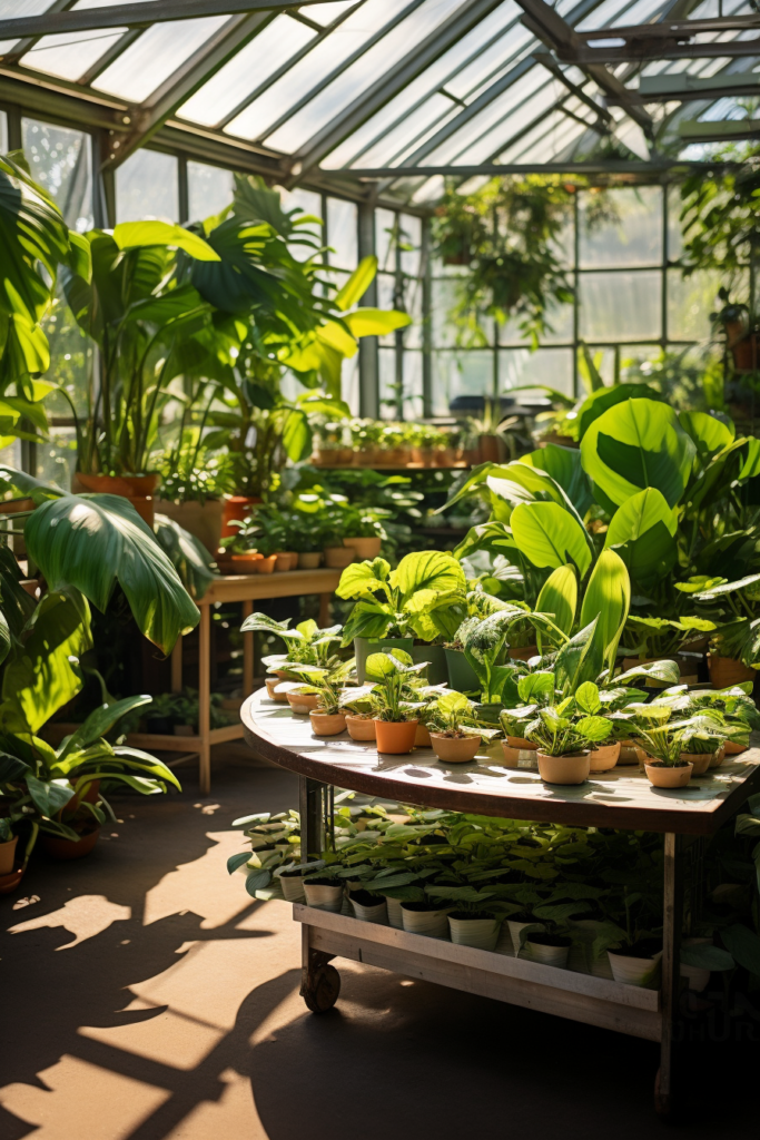 A functional greenhouse filled with decorative plants and hanging pots.