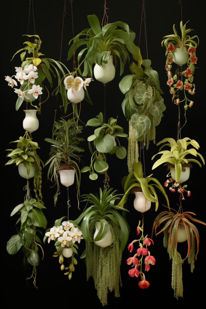 A group of functional hanging plants on a black background.