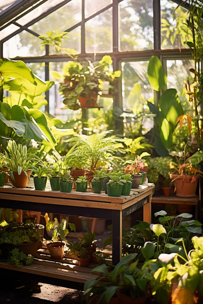 A decorative greenhouse filled with functional potted plants.