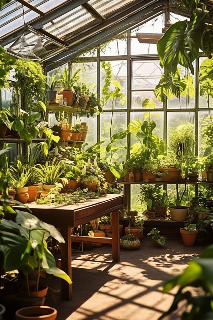A decorative greenhouse filled with potted plants.