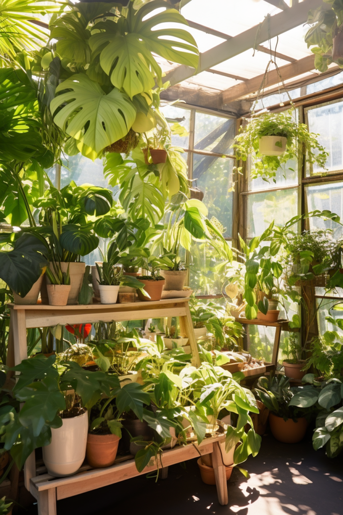 A functional greenhouse filled with decorative hanging plants.