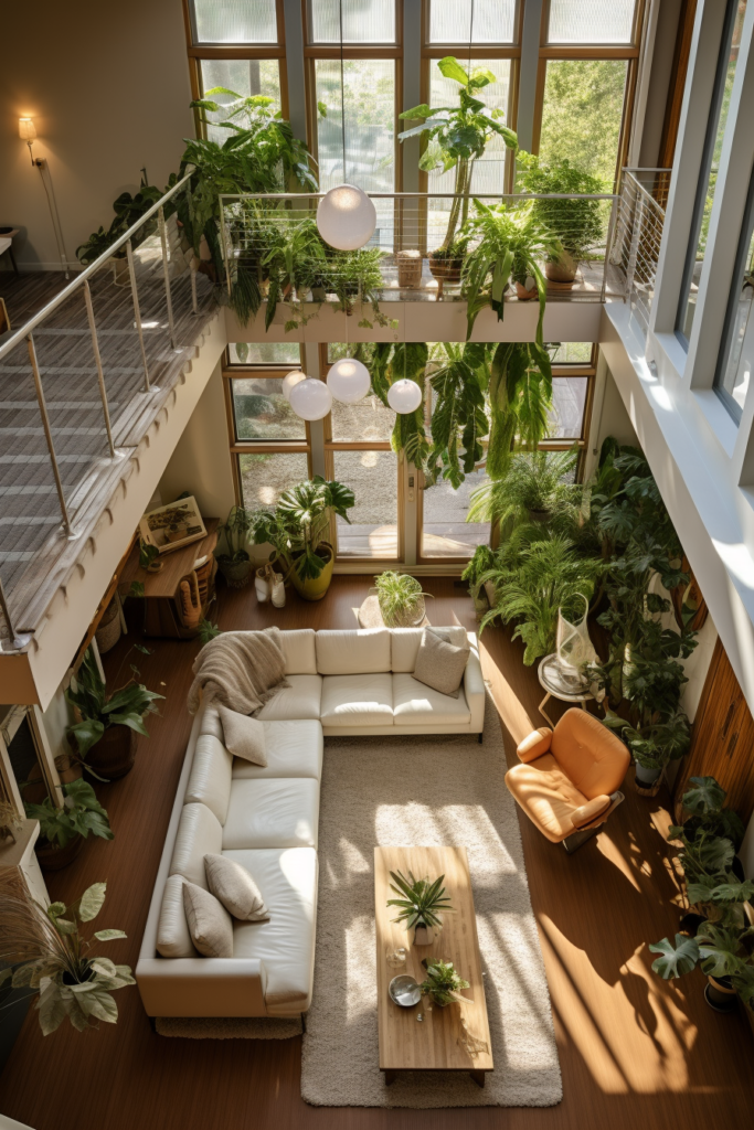 An aerial view of a living room with decorative plants and hanging plants.