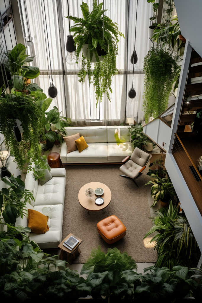 A living room with decorative plants hanging from the ceiling.