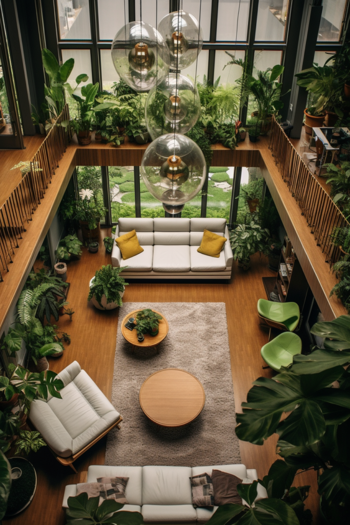 An aerial view of a living room with lots of decorative plants.