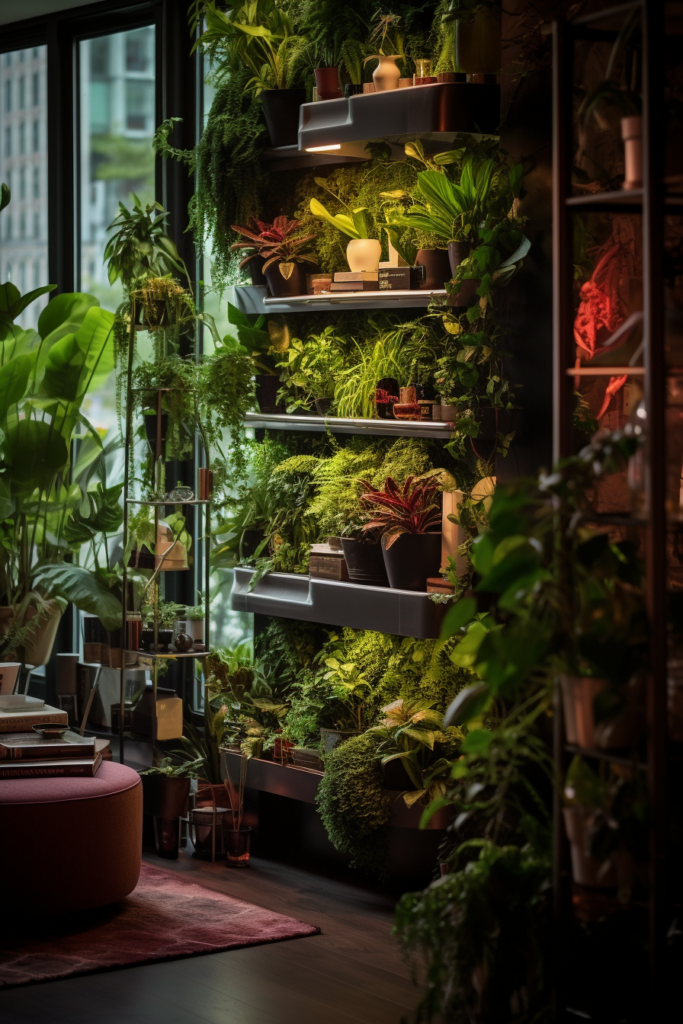 A room with an abundance of functional and decorative plants, including hanging plants.