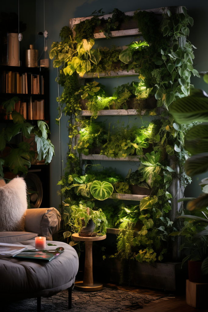 A decorative living room with a wall of hanging plants.