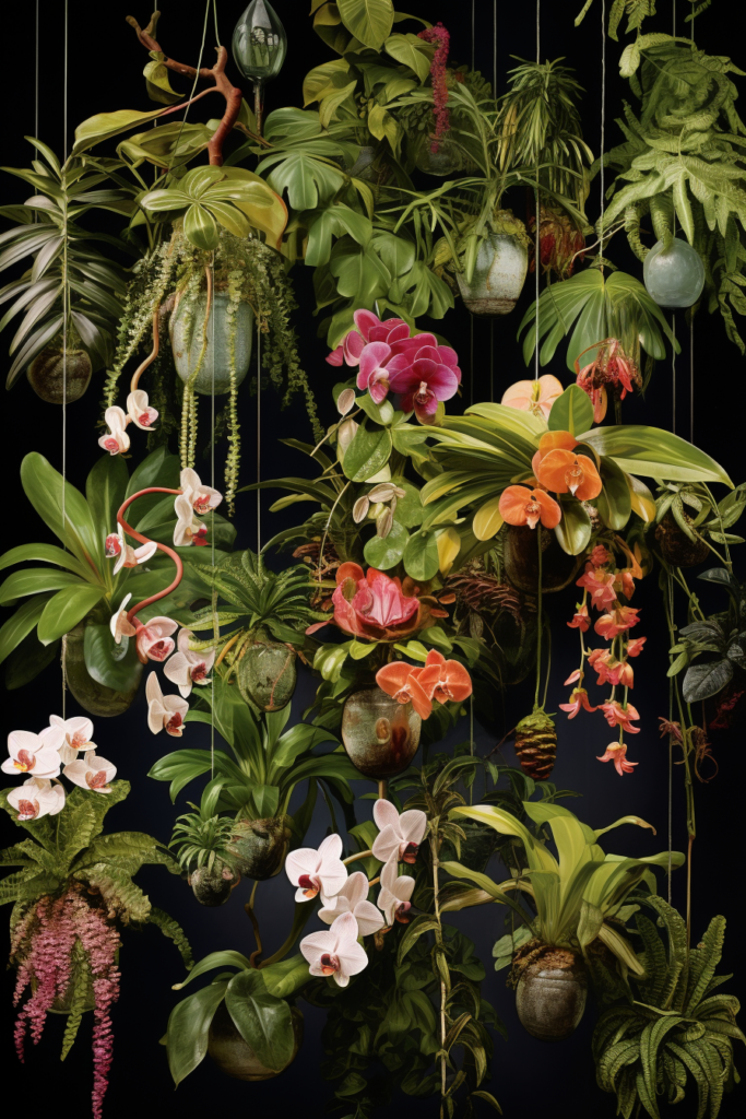 A group of hanging plants adding a decorative touch to a black background.