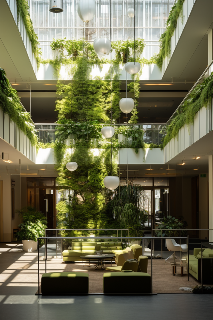 A functional office building with decorative green plants hanging from the ceiling.
