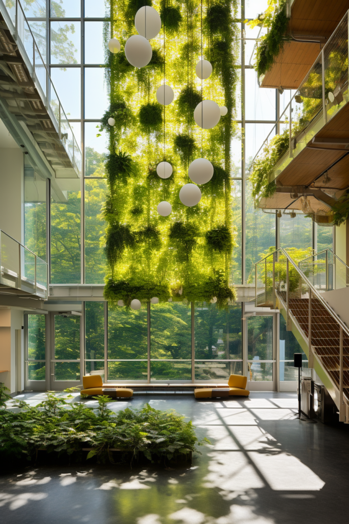 A functional office building with decorative hanging plants.
