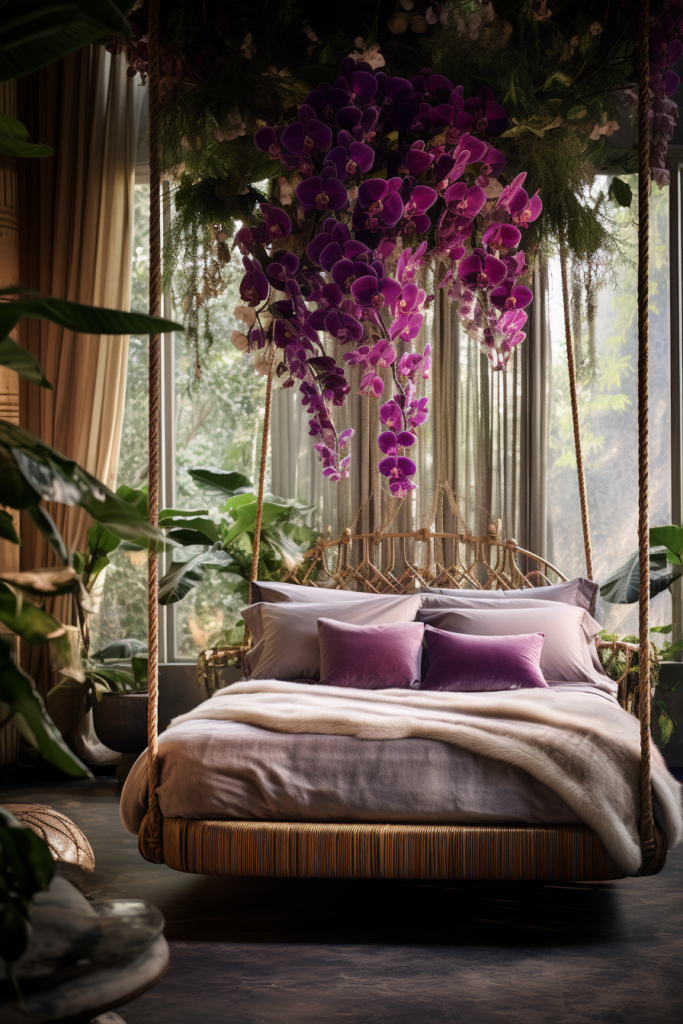 A bed with hanging plants and purple flowers adorning the ceiling.