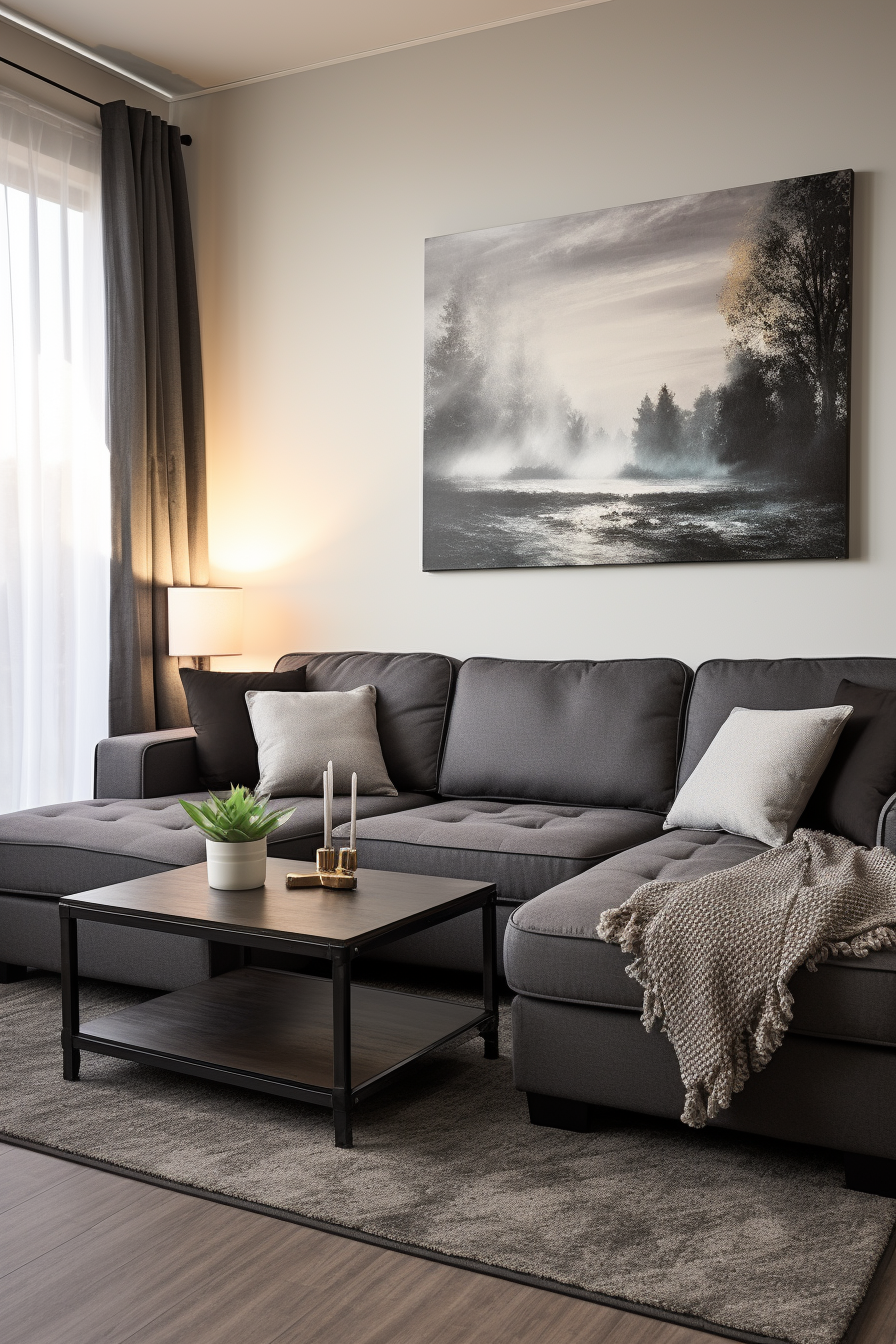 A living room featuring a versatile use grey couch and a dual-purpose coffee table.