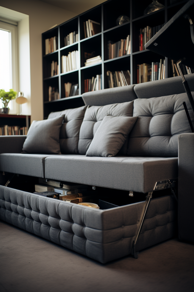 A dual-purpose gray couch with a storage compartment, perfect for versatile use.