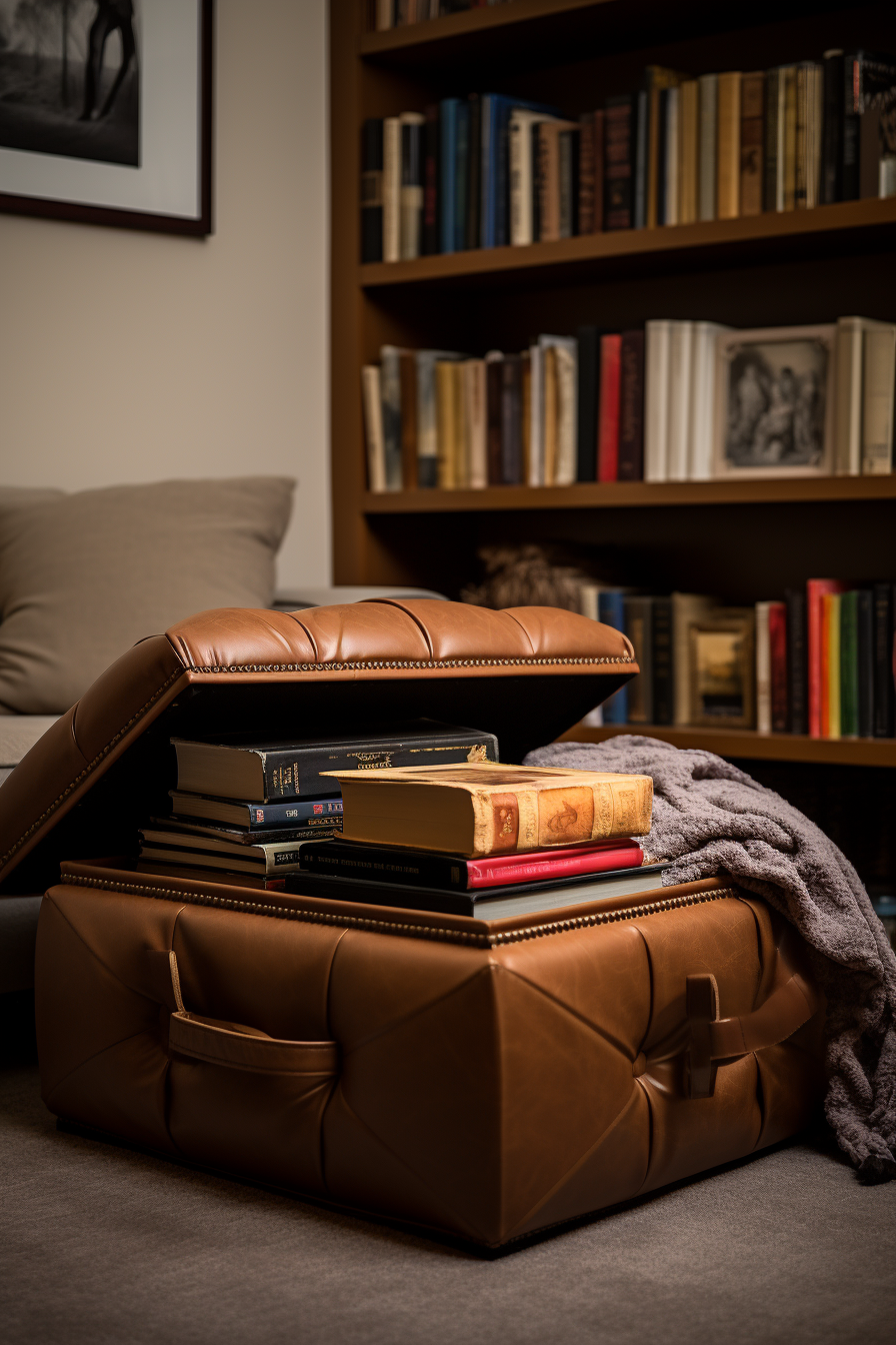  A versatile brown leather ottoman sitting on a bookshelf.