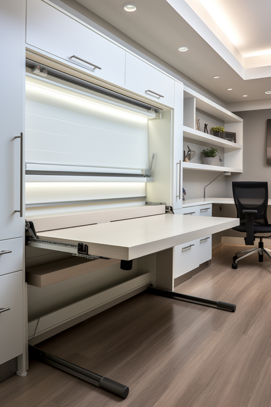 A modern home office with a versatile use desk and chair.