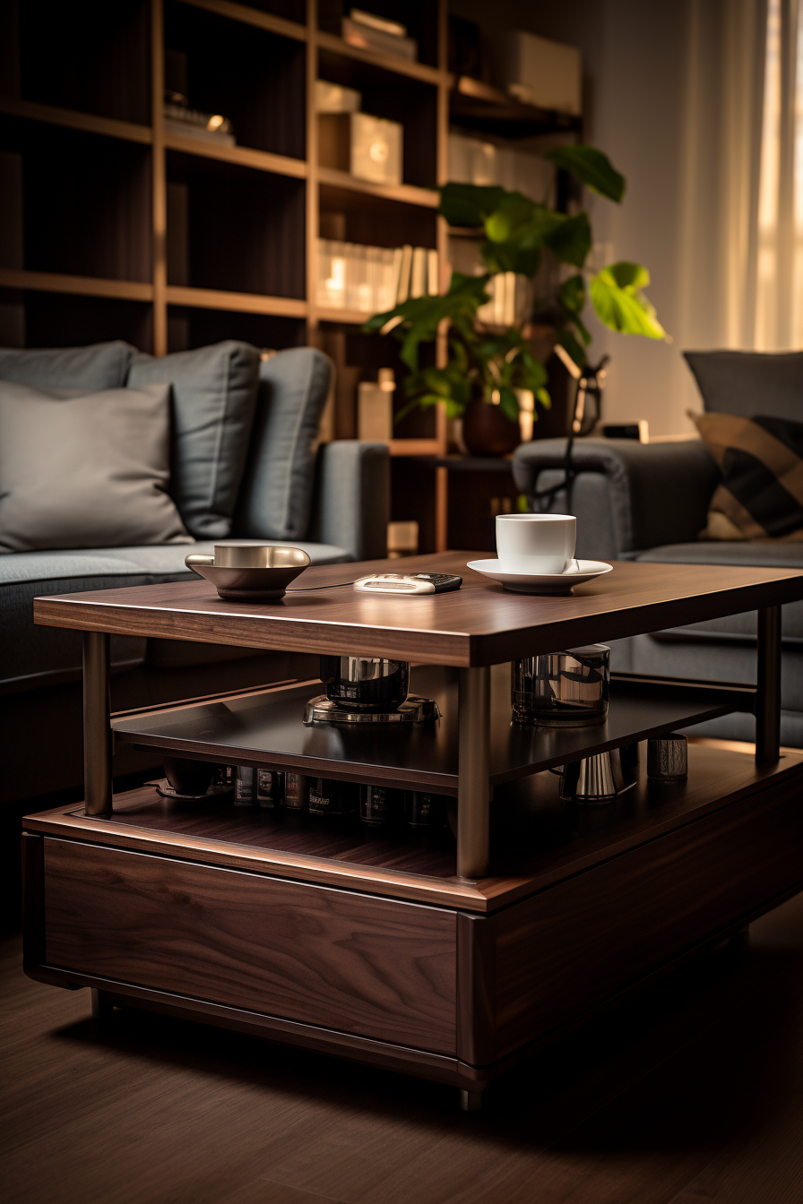 A dual-purpose coffee table that offers versatile use in a living room.