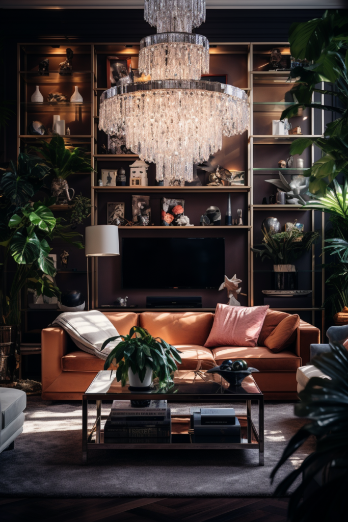 Enhancing the interior design of a living room with a hanging chandelier and lots of plants.