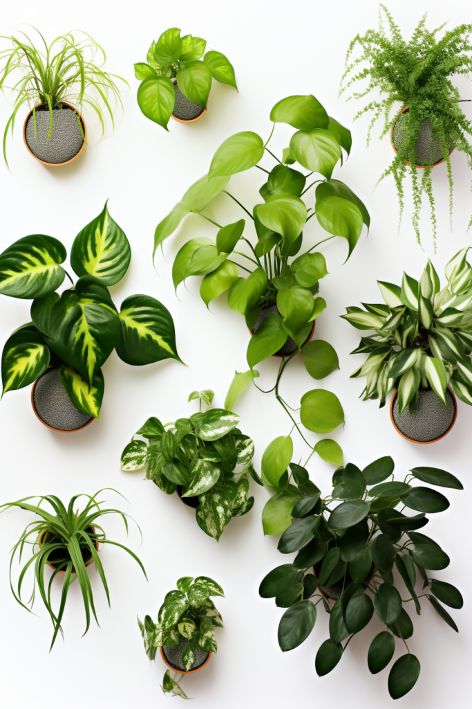 A collection of enhancing interior design plants in pots on a white background.