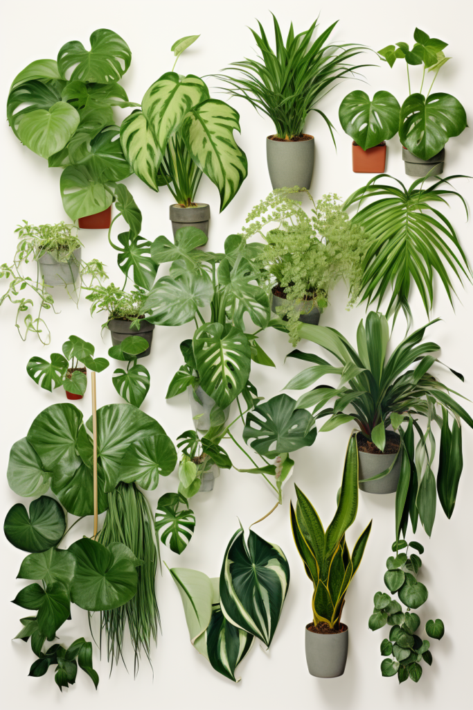 An interior design featuring a collection of potted plants on a white wall.