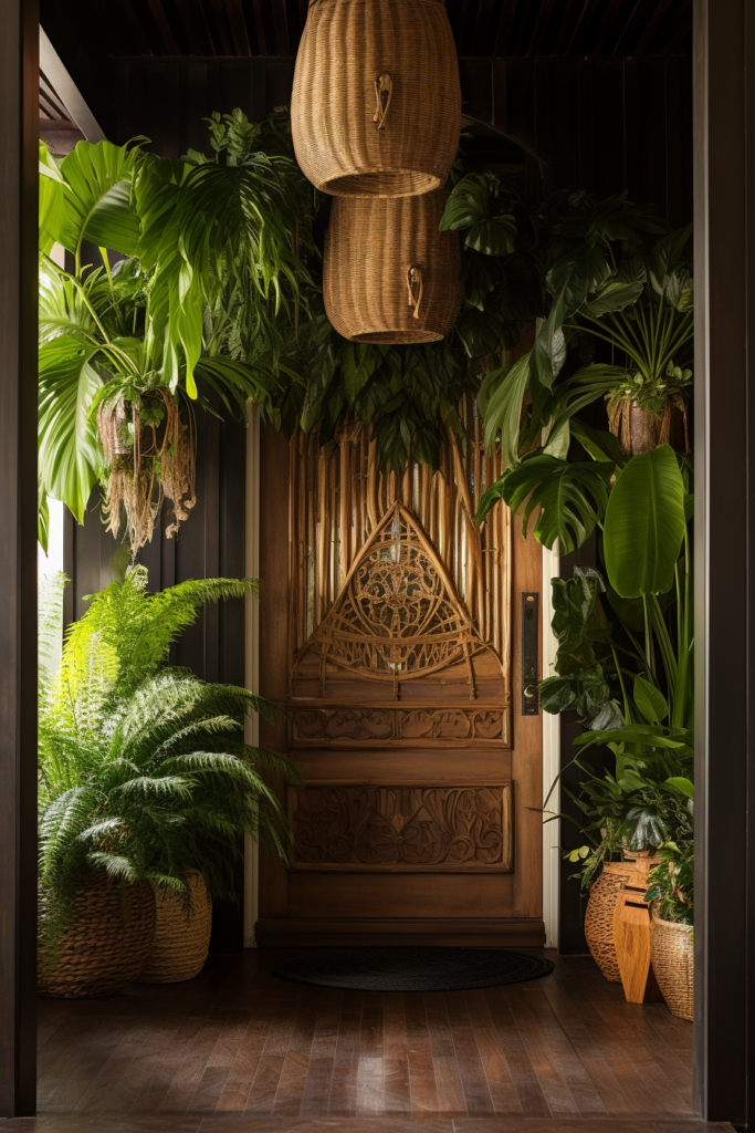 A doorway adorned with an abundance of plants and pots, effortlessly enhancing interior design and elevating styles.
