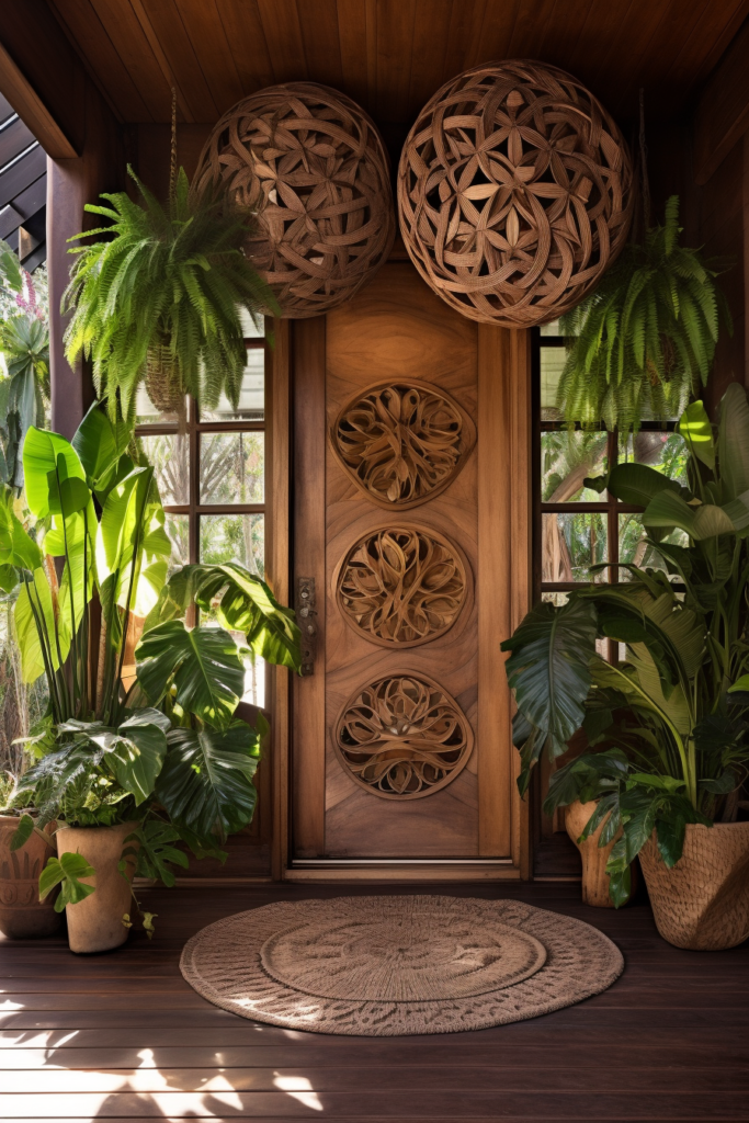 A wooden door adorned with potted plants, enhancing its interior design.