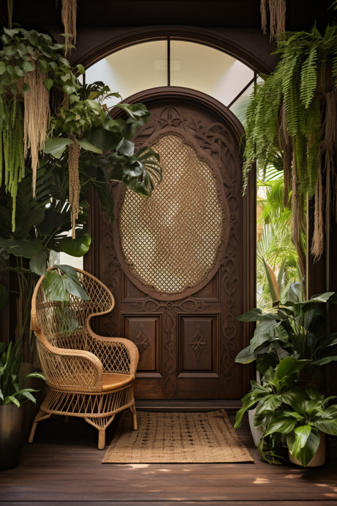Enhancing interior design with hanging ceiling plants above a wicker chair by a wooden door.