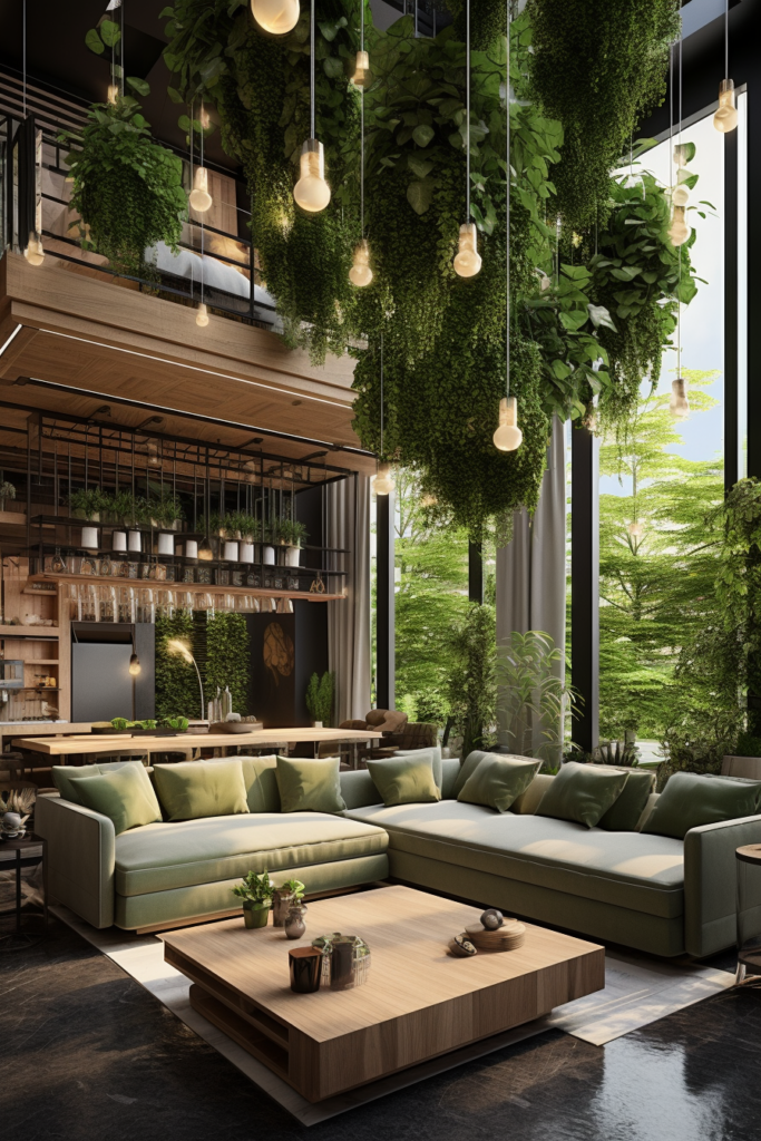 This living room features hanging green plants, enhancing the interior design and elevating the style.