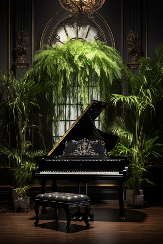 An enhancing interior design with a grand piano in a dark room with hanging ceiling plants.