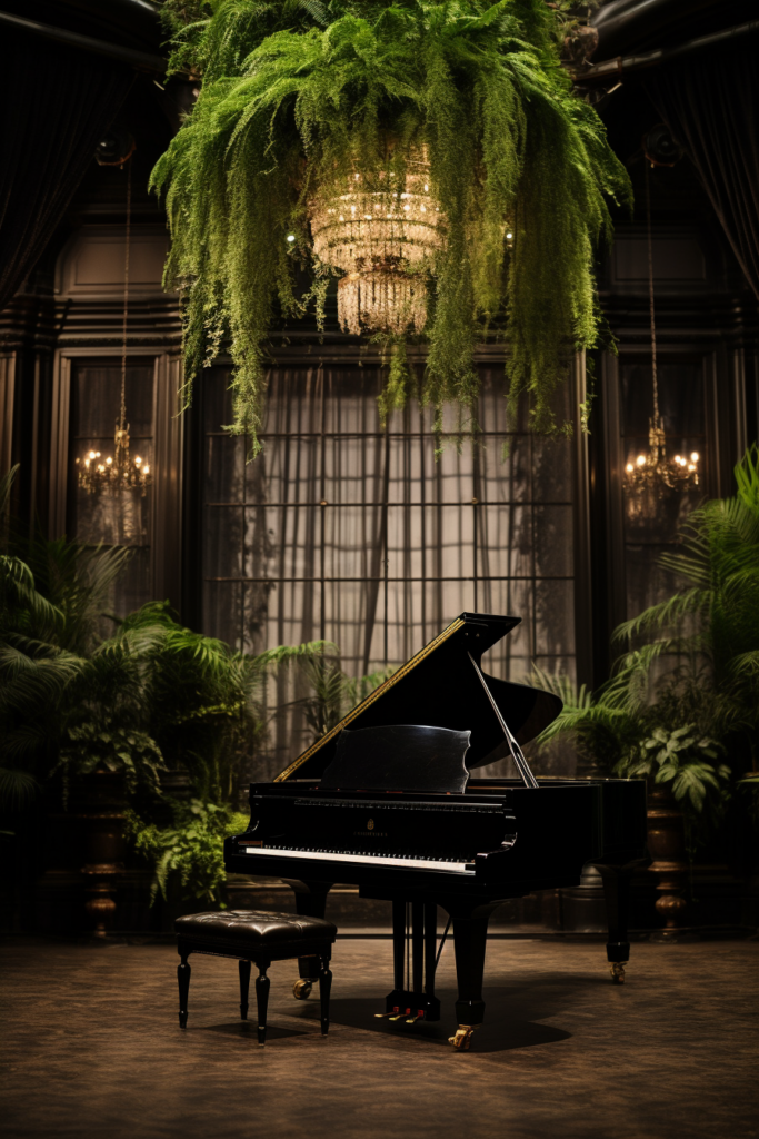 A black grand piano enhancing the interior design in front of a hanging chandelier.