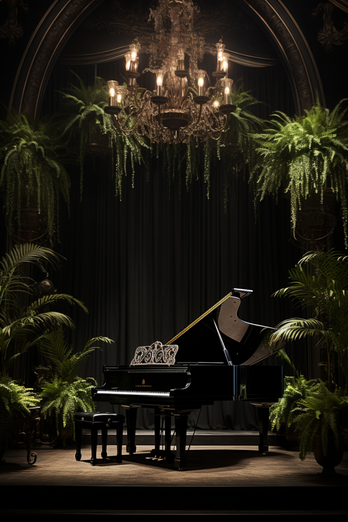 An elegant grand piano enhances the interior design of the room with its presence in front of a stunning chandelier.