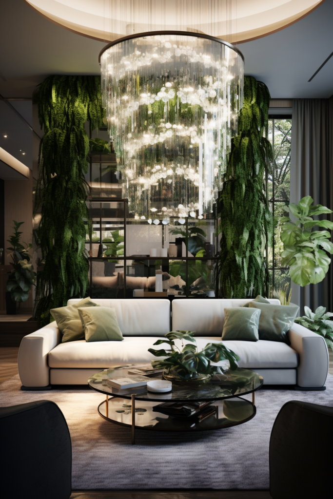 An interior design of a modern living room enhanced with hanging ceiling plants and a chandelier.