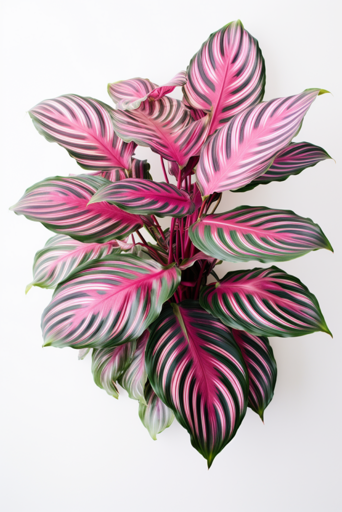 A pink and black plant, enhancing interior design styles with its vibrant colors, suspended from the ceiling amidst a clean white background.