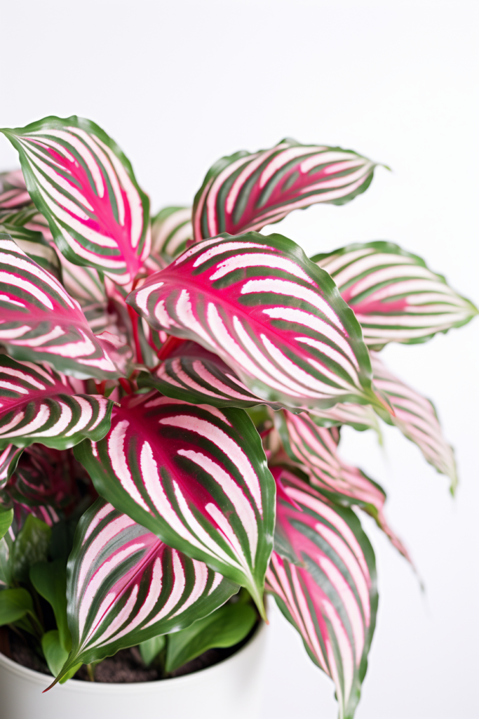 A pink and white striped plant in a white pot, perfect for enhancing interior design.